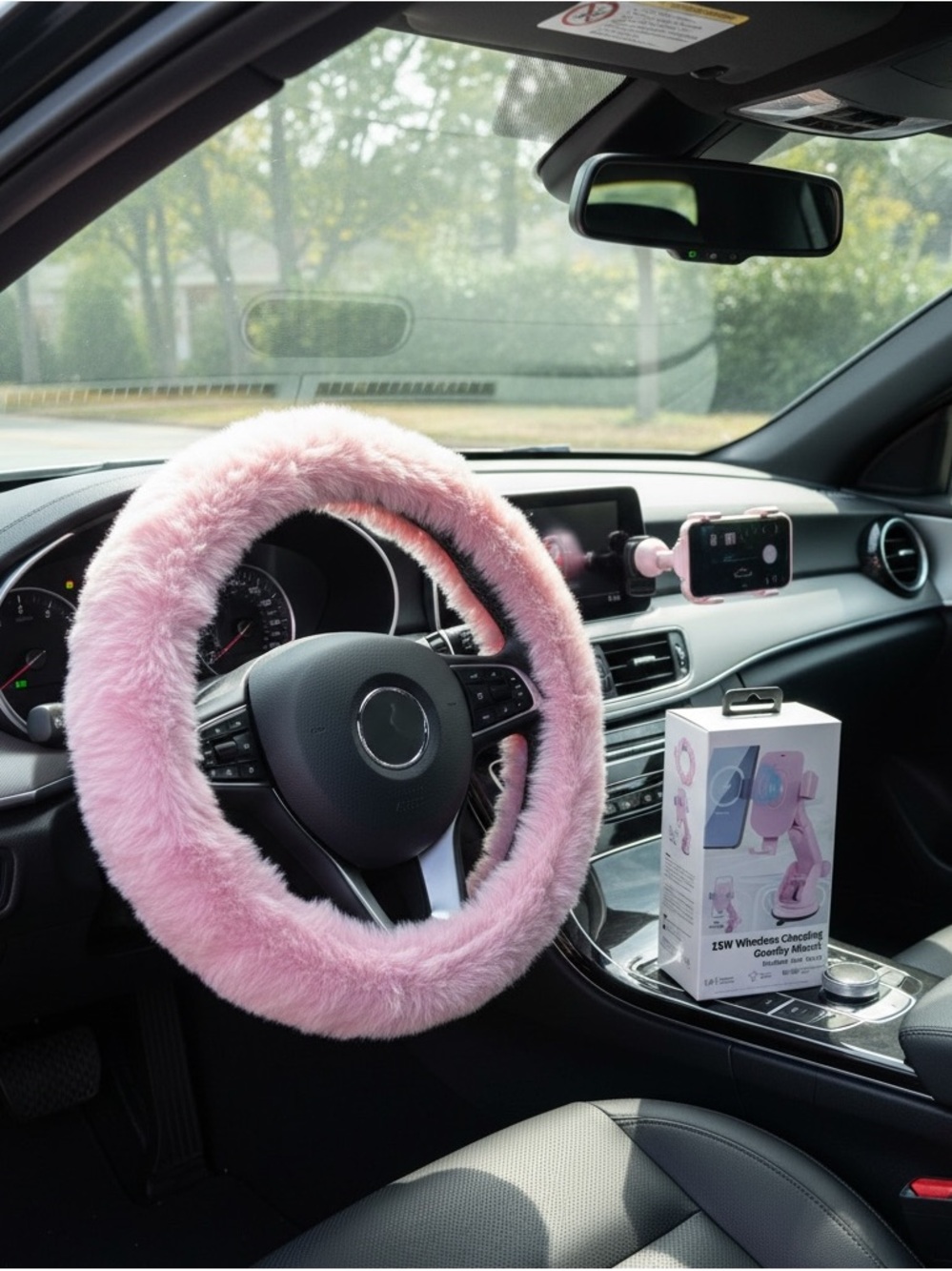 Plush Pink Fuzzy Steering Wheel Cover and 15 W wireless charging